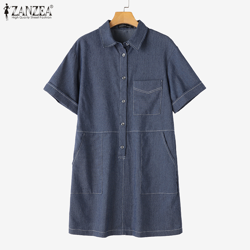 ZANZEA%20Korean%20Style%20Women's%20Dress%20New%20Fashion%20Short%20Sleeve%20Lapel%20Denim%20Shirtdress%20Plain%20Mini%20Dresses%20-%20Image%206