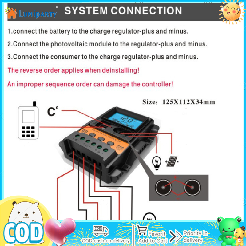 LumiParty 【Ready Stock】30A Solar Charge Controller 12V/ 24V Solar Panel Regulator With LCD Display Dual USB Port PWM Auto Paremeter