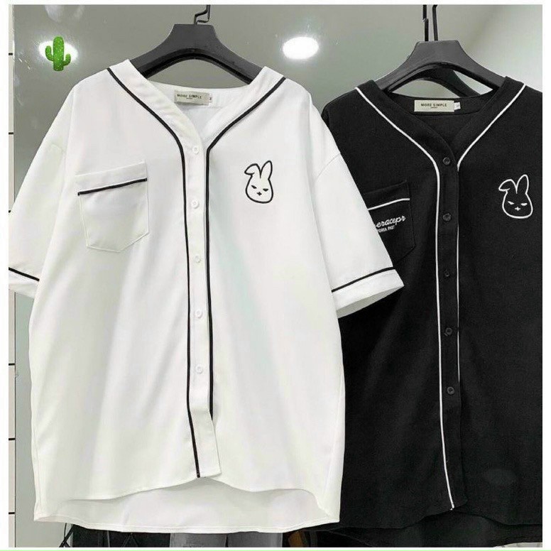 Áo sơ mi nữ form rộng tay lỡ, áo sơ mi unisex, áo sơ mi thêu hình mặt thỏ cực hot tp3022