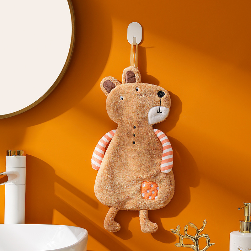 Towel Cartoon animal shape coral velvet hand towel Bathroom hanging absorbent towel Kitchen thick embroidered square towel
