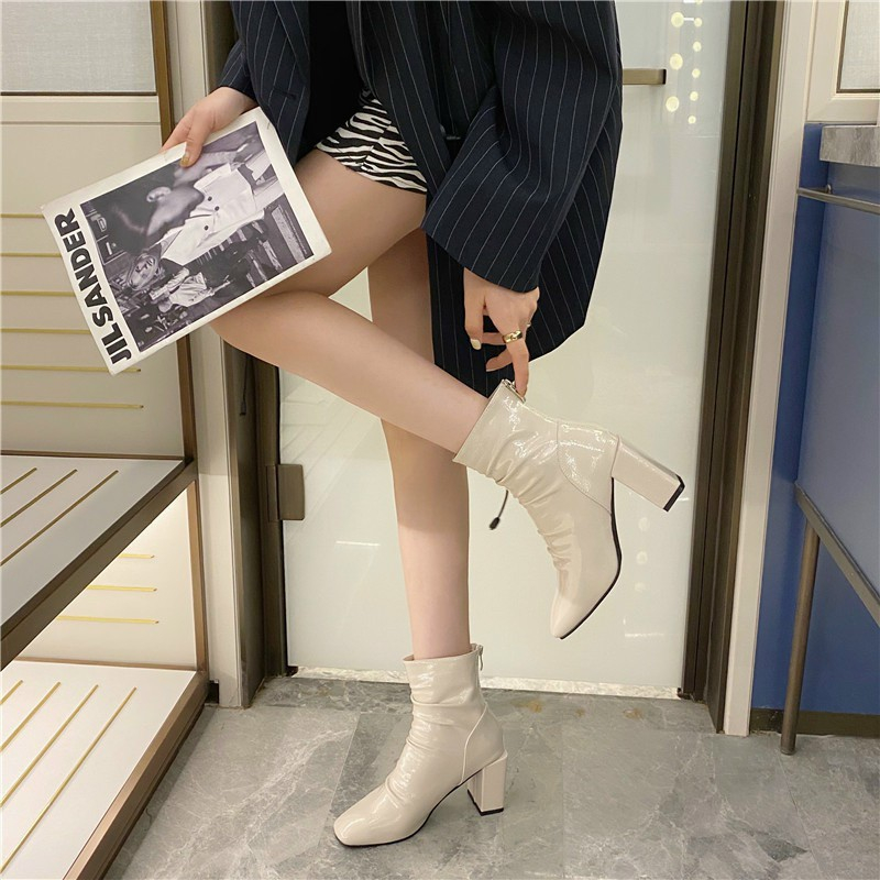 Giày Bốt Nữ Da Nhăn gót cao 7cm da bóng sang chảnh cao cấp thời trang