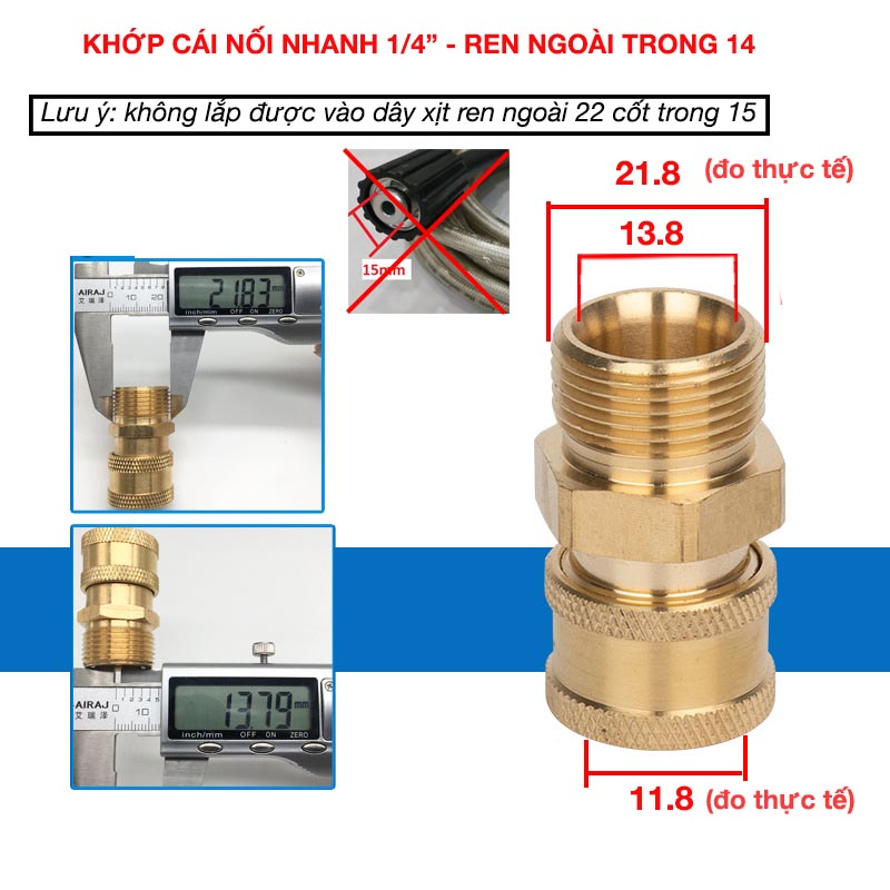 Khớp cái nối nhanh 1/4 inch - ren ngoài 22mm 1.5 trong 14/15