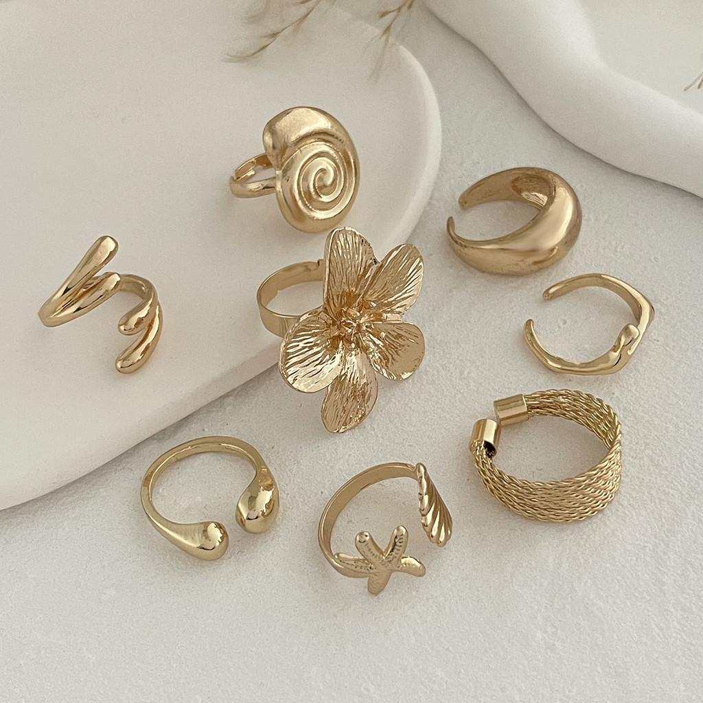 Enacolor Rings for Girls All Season Polished Alloy Boho Retro Flower & Starfish Ring Set – 8Pcs Fashion Jewellery.