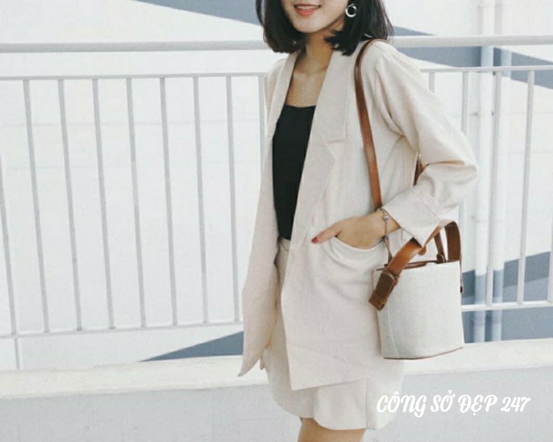 [HCM]Áo Blazer nữ trắng ghi 1 lớp cao cấp