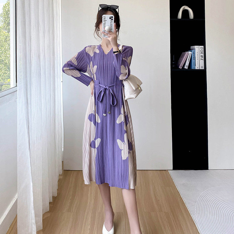 Top Pleated Fabric Dress 2023 Summer New Print Dress Loose Drawstring Waistband Long Sleeve Dress Photo Purple Dress