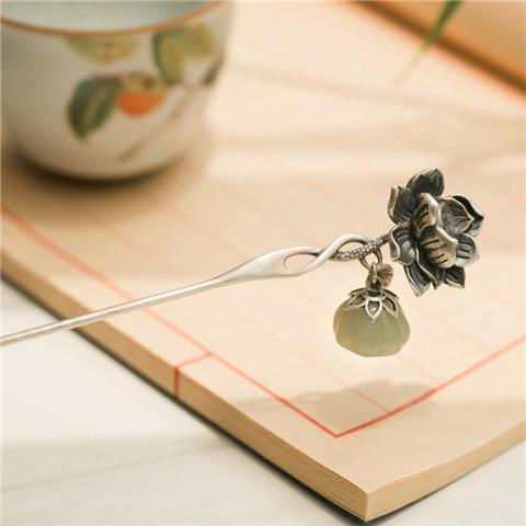 Trâm cài tóc bạc s925 hình hoa sen phong cách trung hoa cổ điển cho nữ vej