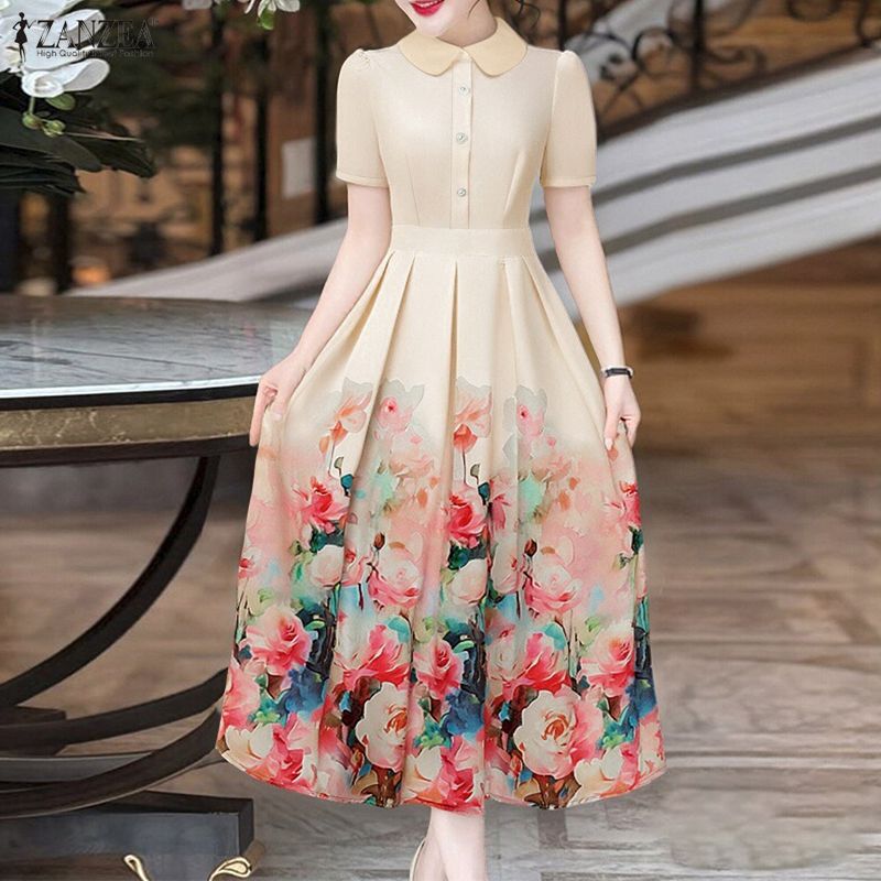 ZANZEA%20Korean%20Style%20Women%20Elegant%20Party%20Short%20Sleeve%20Midi%20Dresses%20Doll%20Neck%20Floral%20Print%20A-Line%20Dress%20#1229%20-%20Image%202