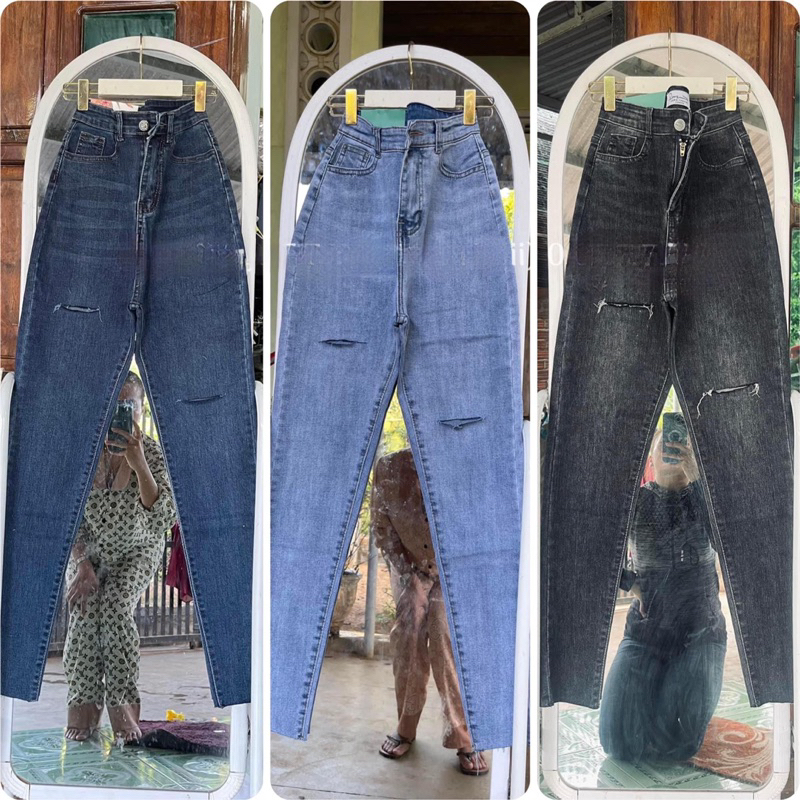 Jeans dài lưng cao co giãn rách PT 2024