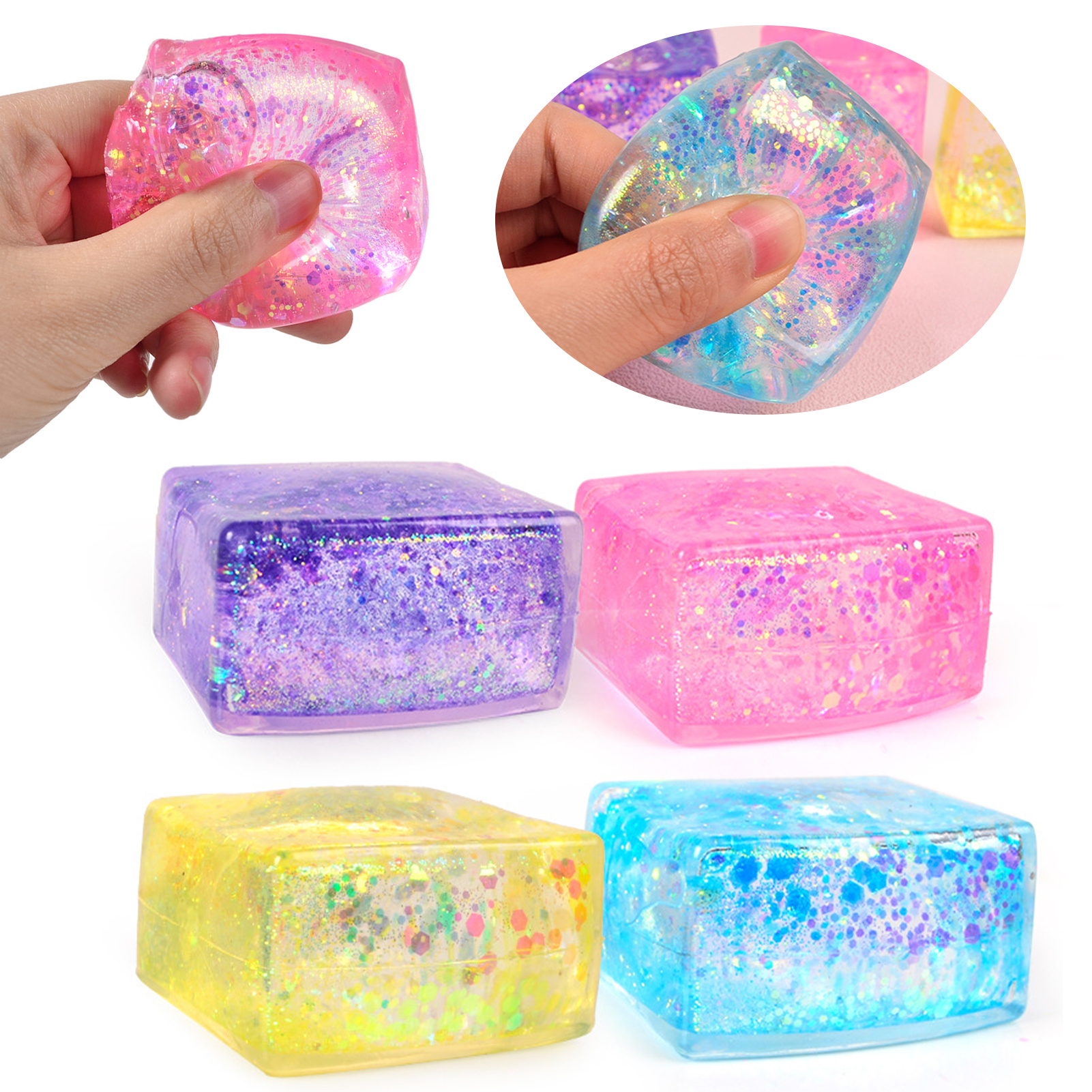 Norkee Ice Cube Stress Ball Fidget Toy Sequins Ice Cube Squeeze Toy Fun Maltose Square Cube Quick Recovery Soft Tpr Pinch Toy Stress Relief Fidget Toy for Parties