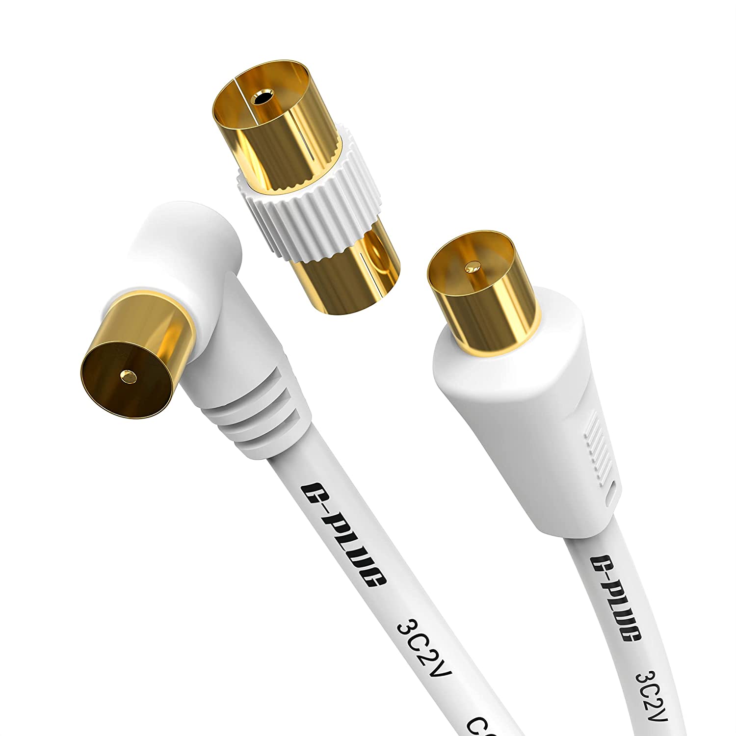10m, White Cord Male to Female 75 Ohm, 120dB for TV, HDTV, Radio, Freeview, DVB-T2, DVB-C, DVB-S MainCore 10m Aerial Antenna Coaxial Cable Angled 90° Right Angle Extension Coax Lead 