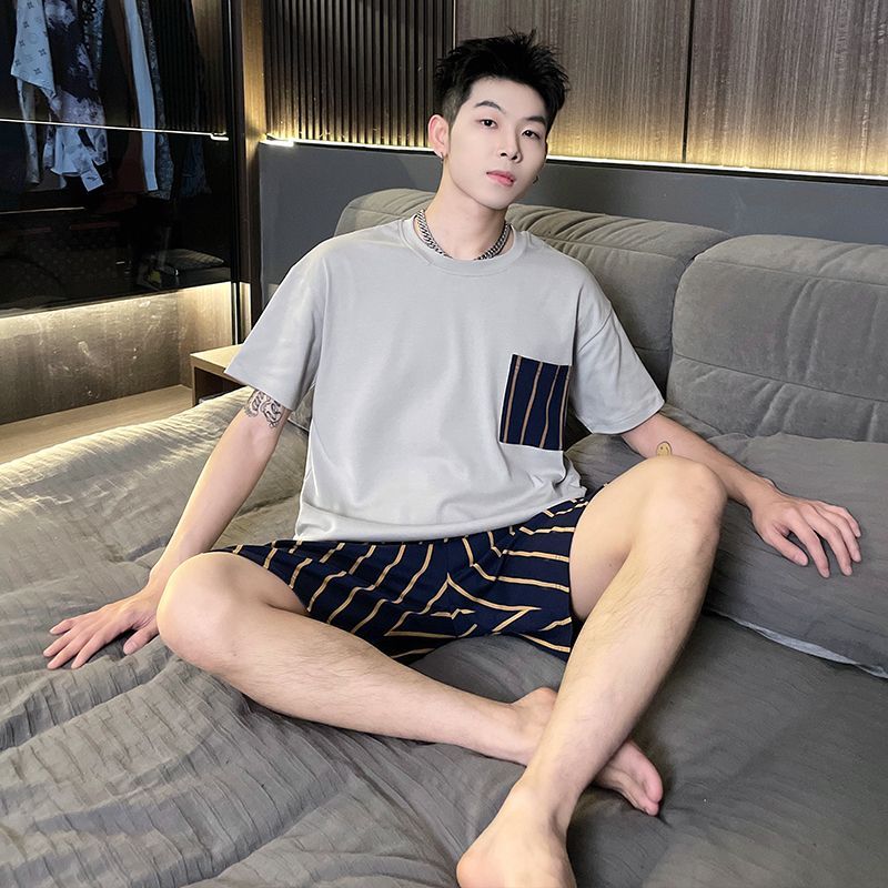 1 Set Sleepwear for men Korean style cotton short sleeve stripe tshirt Pajamas + Loose casual shorts