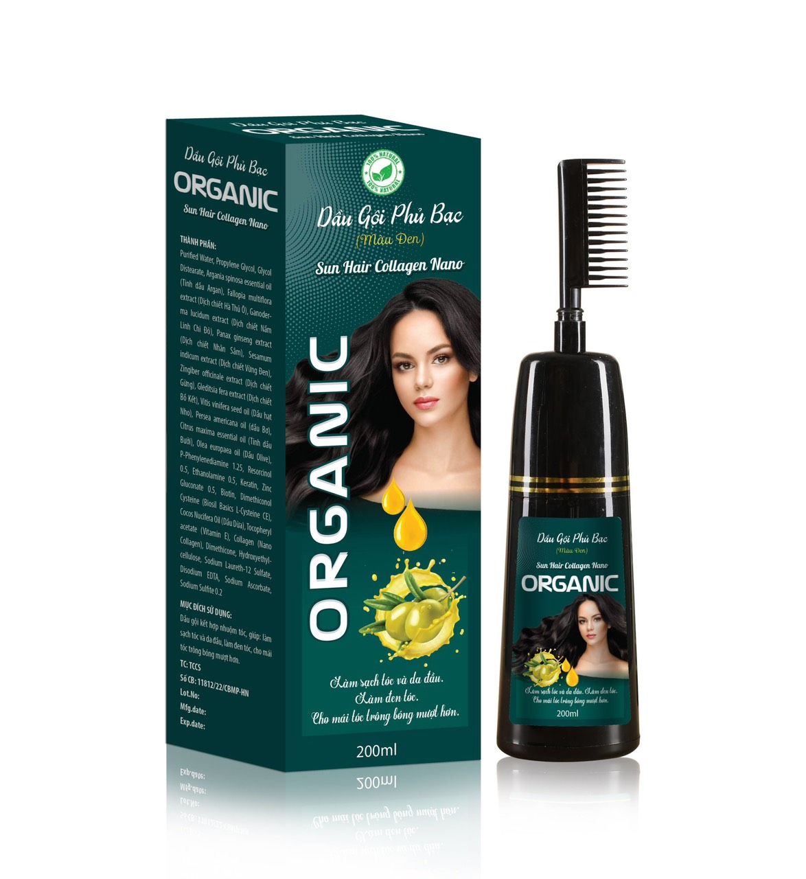 Dầu Gội Phủ Bạc (màu đen) Sun Hair Collagen Nano ORGANIC - Ngăn chặn tóc bạc sớm, dưỡng tóc, làm sạch, phục hồi tóc giúp tóc bóng khỏe, mượt mà, đen tự nhiên
