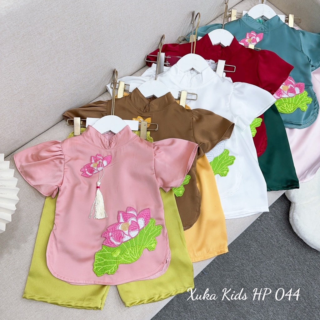 Set bộ áo bà ba tay bồng hoa sen thêu size 8-28kg