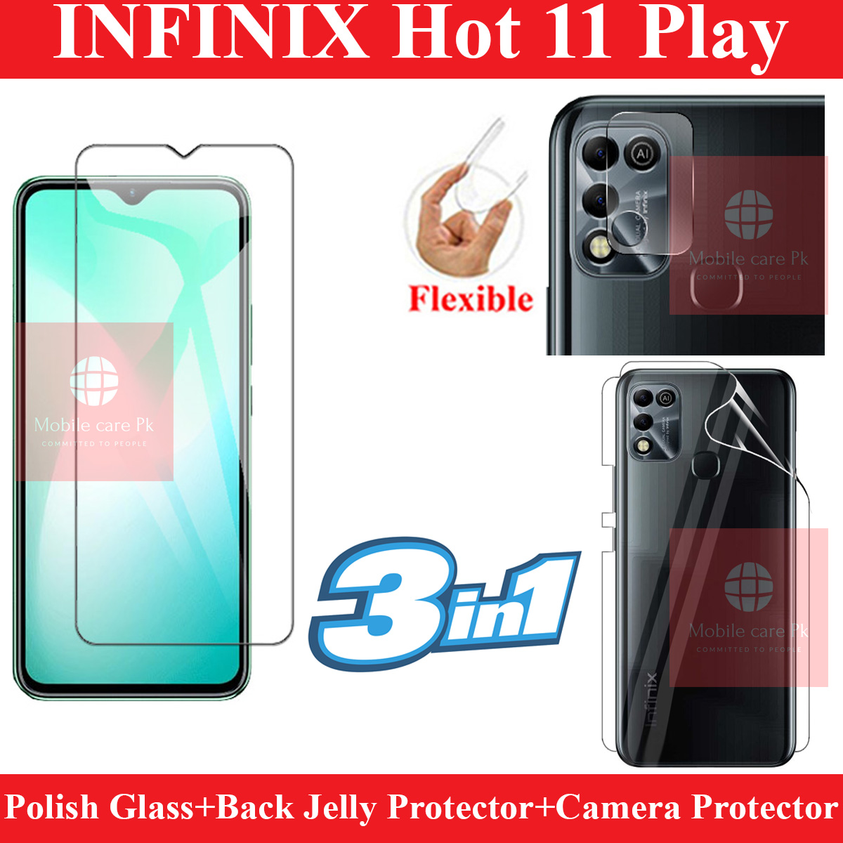 Infinix Hot 11 Play Polish Glass Screen Protector + Back Protector Jell Shine Back Glossy Skin Sheet + Camera Glass Protector Flexible Gorilla Lens Protector For Infinix Hot 11 Play. 