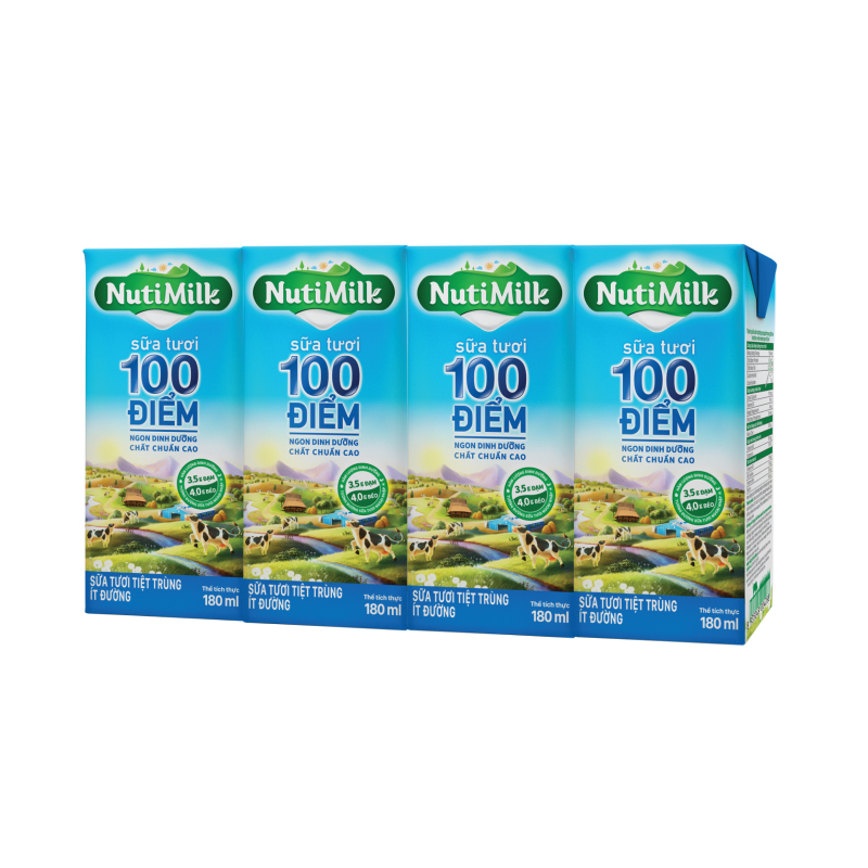 Lốc 4 hộp nutimilk sữa tươi tươi sạch - sữa tươi tiệt trùng ít đường 180ml - nutifood - yoosoo