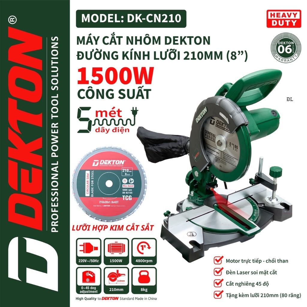 Máy cắt góc kim loại để bàn 210mm dekton dk-cn210/1500w/cắt nghiêng 45 độ /có đèn laser soi mặt cắt hợp kim đl gg