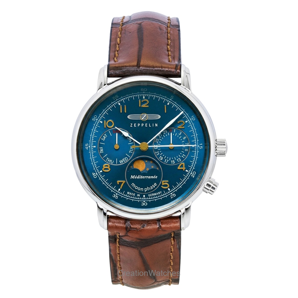 メル Zeppelin Men's Watch Blue Dial Leather Strap Moonphase