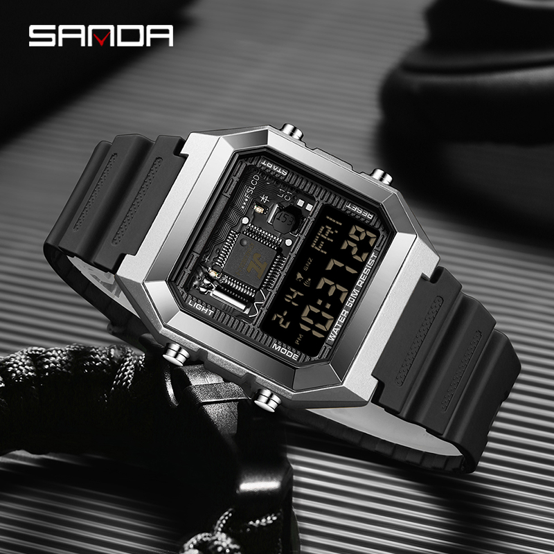 SANDA Youth Personality Electronic Components Cool Sports Waterproof Digital LED Men's Watch Gift Tiktok Same Style SD6216-3.