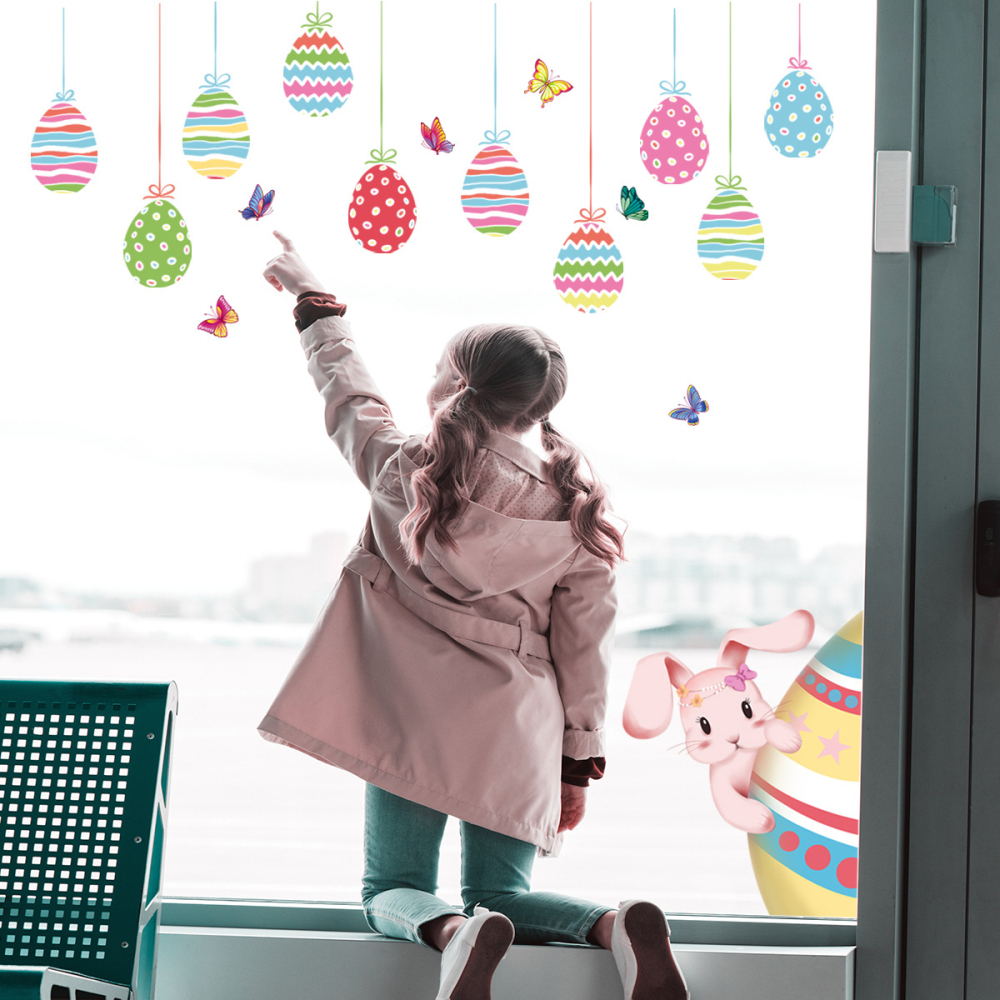 Osem osem 2 tờ Miếng dán kính hai mặt hình ảnh đầy màu sắc phục sinh phim hoạt hình trứng Thỏ bột nhão cho giới thiệu