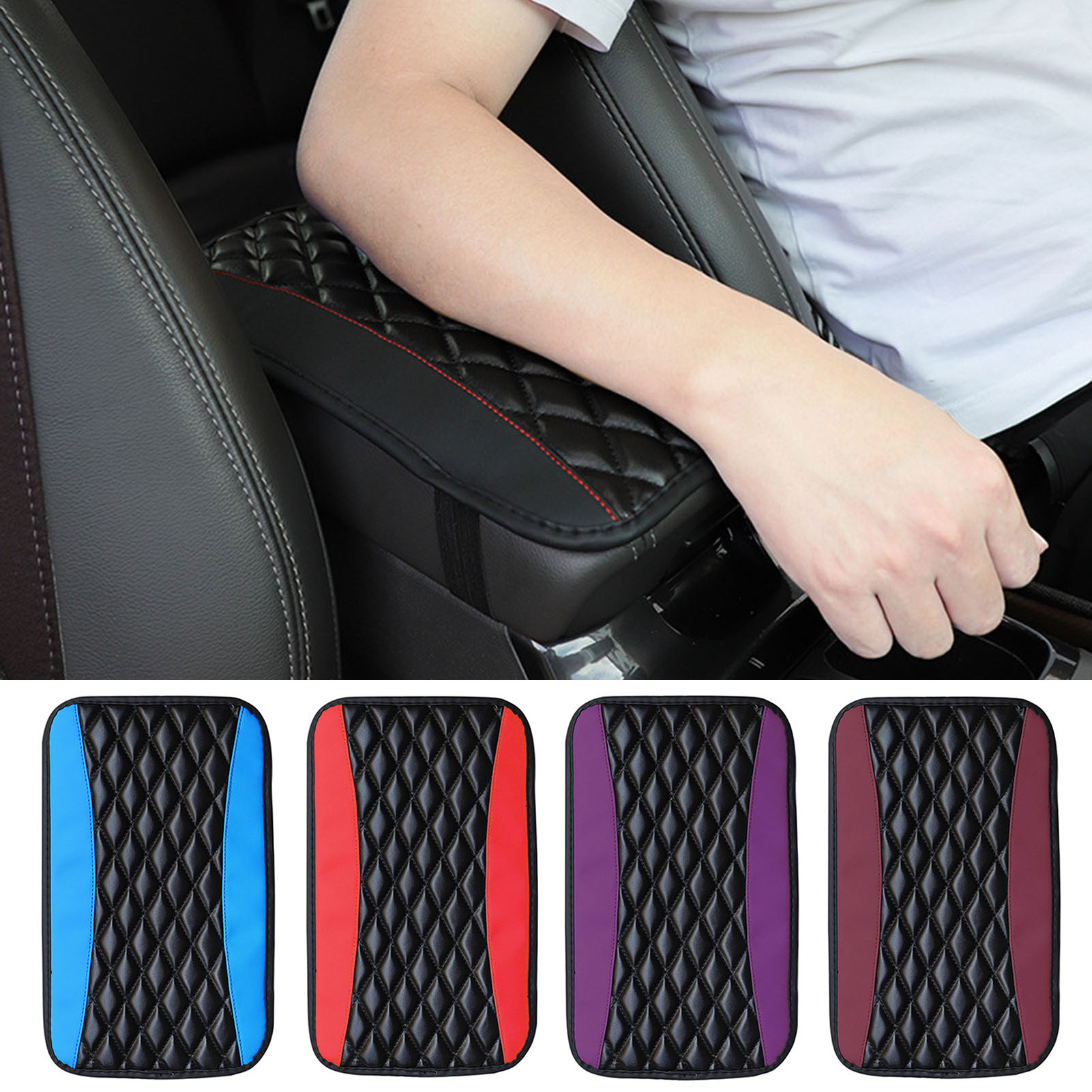Car Armrest Cover Car Armrest Cushion and Waterproof Car Center Console Cover Universal Patchwork Color Faux Leather Armrest Cushion Seat Box Protector Auto Accessories