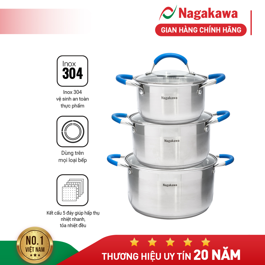 Bộ 3 nồi inox cao cấp 5 đáy Nagakawa NAG1302dùng cho mọi loại bếp