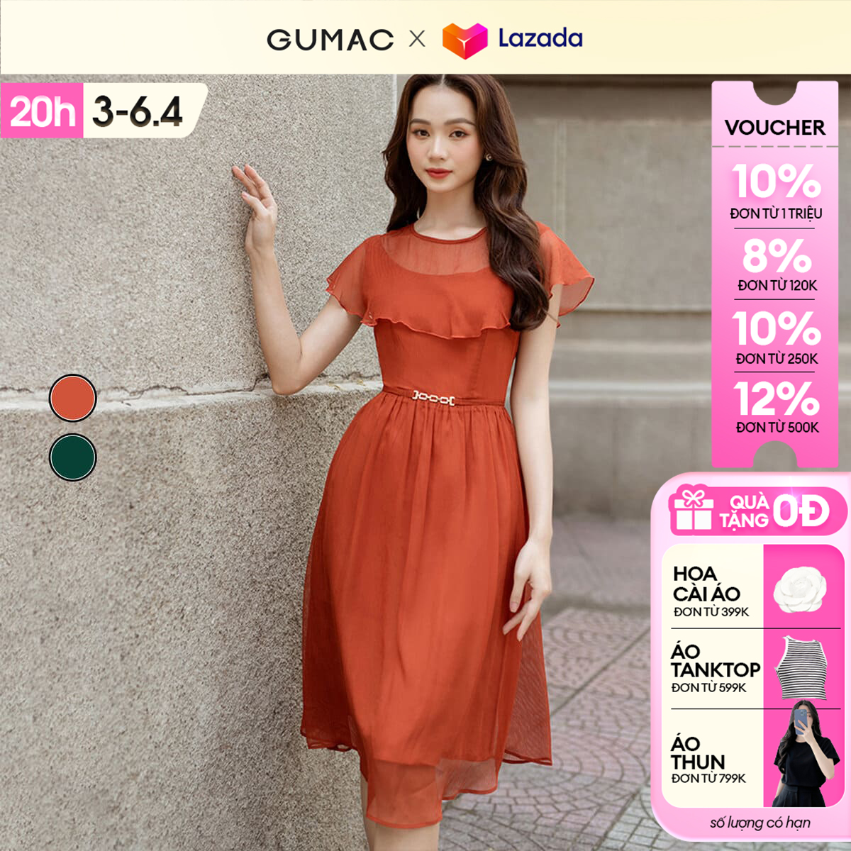 [25 - 29.9 |Voucher 10-12%] Đầm nữ kiểu bèo vai GUMAC DD03034
