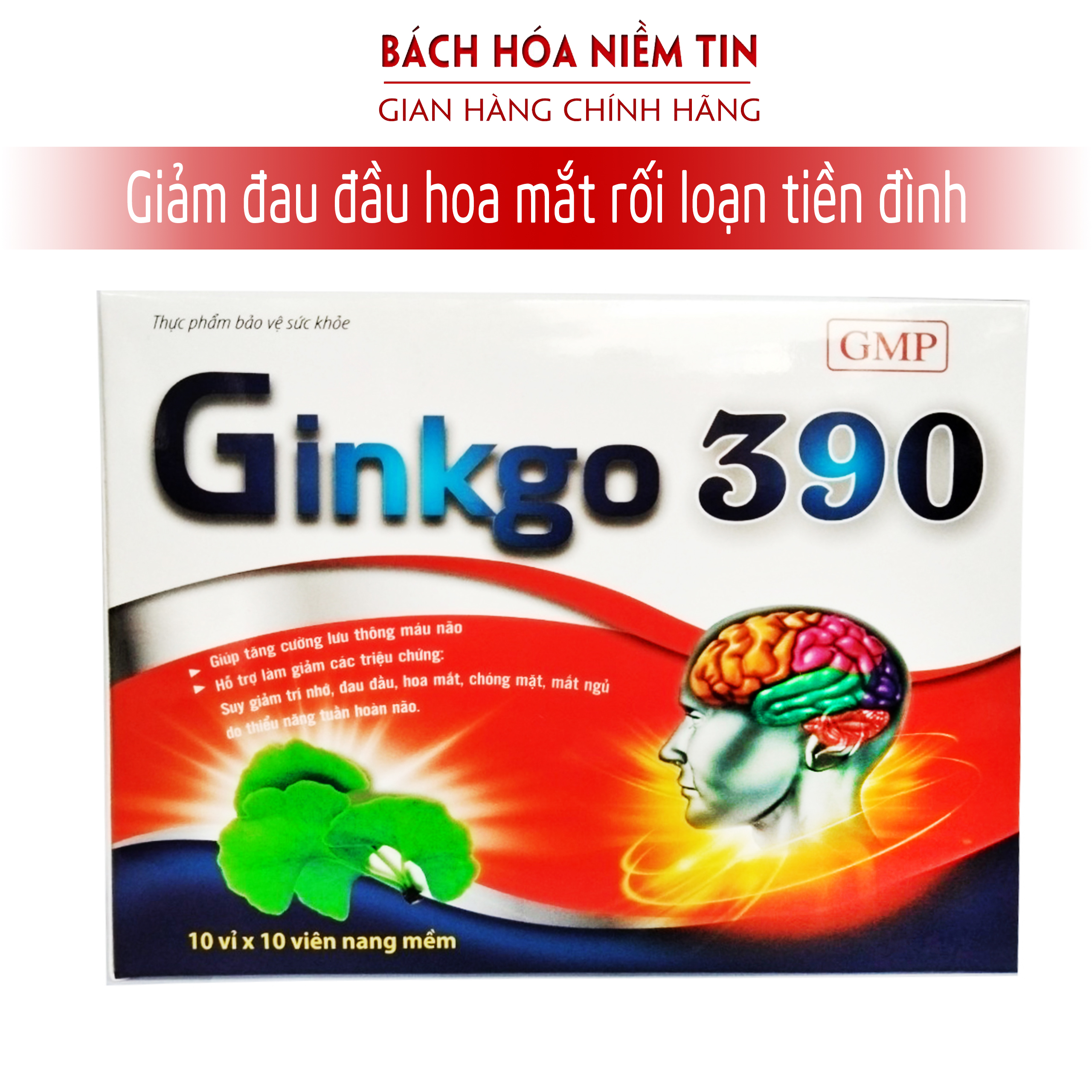 Viên uống Ginkgo 390 Green - với ginkgo biloba giúp hoạt huyết dưỡng não, giảm chóng mặt đau đầu, mất ngủ.. thành phần kết hợp tỏi đen, việt quất, đinh lăng, bạch quả. Hộp 100 viên chuẩn GMP