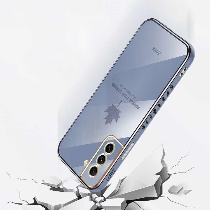 YBD Straight Edge Plating Phone case For Samsung Galaxy S21 FE casing, Precise Camera Protection case Maple leaf pattern cover with Free lanyard