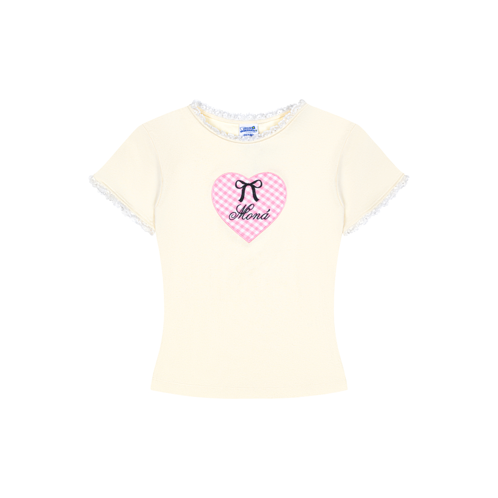 Áo thun nữ dáng ôm thun cotton nhung phối ren thêu trái tim MONÁ - HEARTY