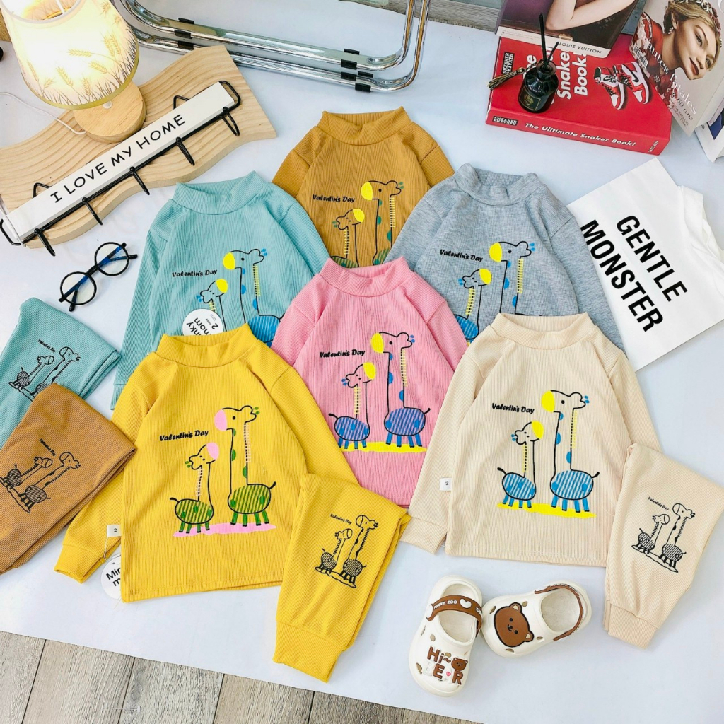 Đồ bộ dài tay len tăm thu đông cho bé trai bé gái in hình hươu