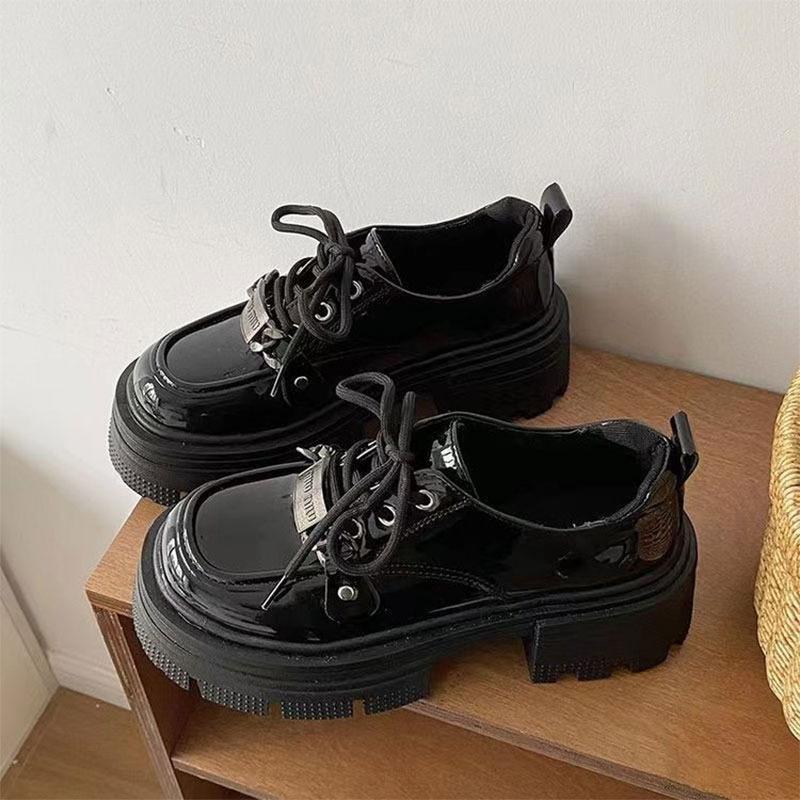 Women's leather shoes New British style platform loafers Fashion thick heel lace-up small leather shoes