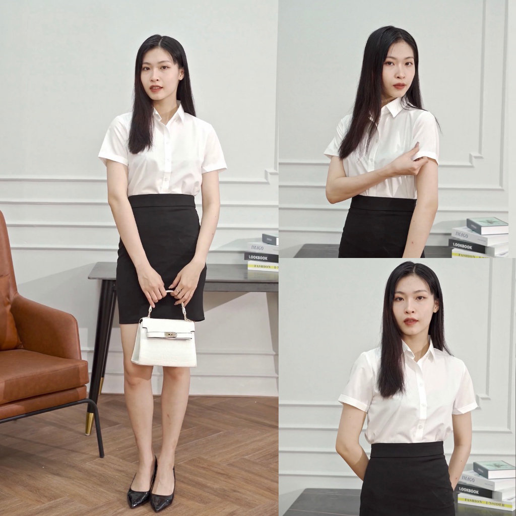 Áo sơ mi nữ ngắn tay trơn vải cotton lụa mềm mịn