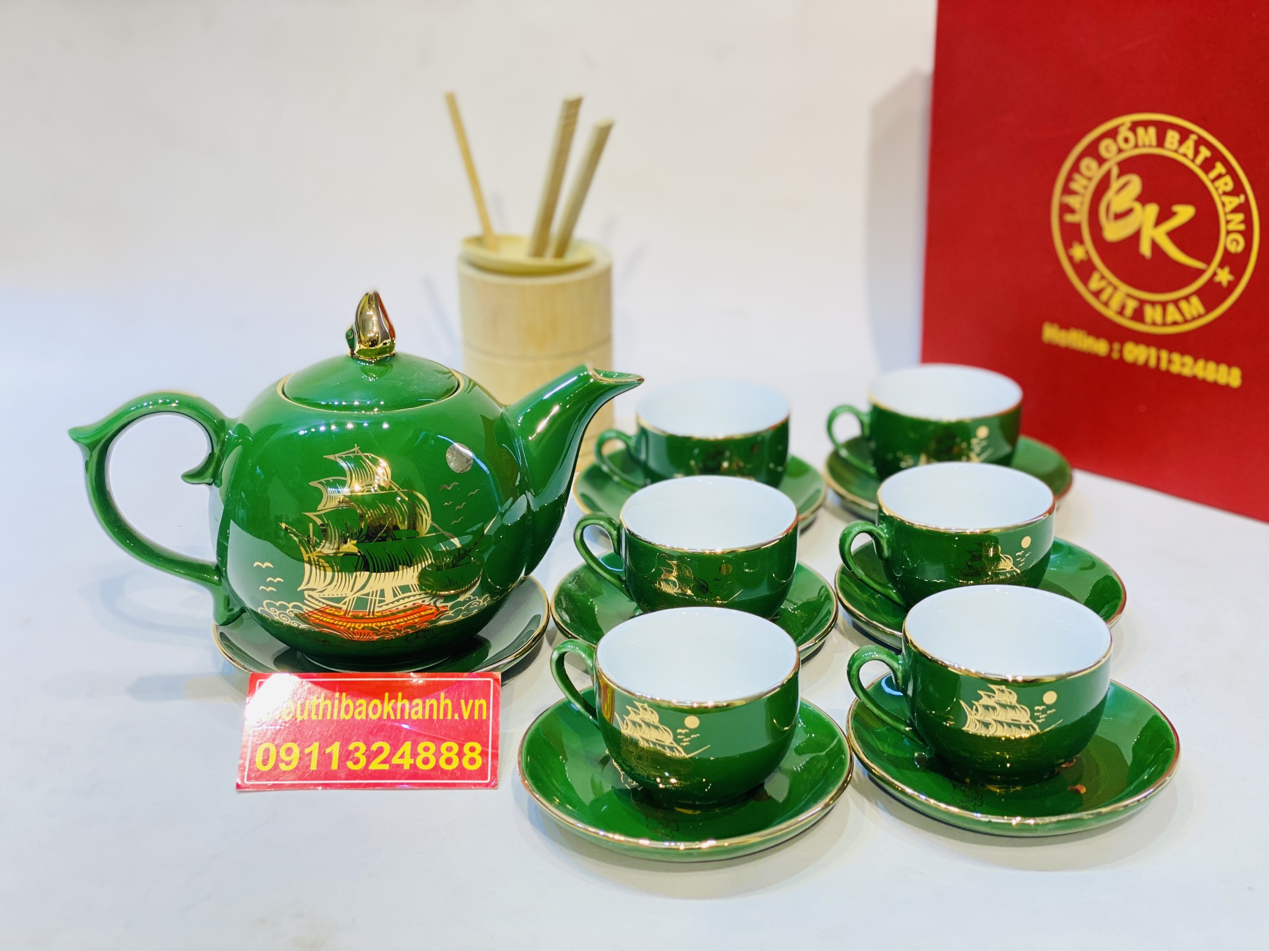 Bộ Ấm Chén, ấm trà men Xanh viền vàng gốm sứ Bát Tràng cao cấp chính hãng 350ml-Bảo Khánh