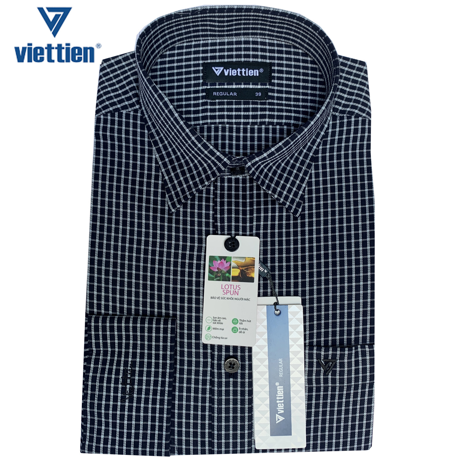 Viettien - Áo sơ mi nam dài tay ca rô cao cấp 1Q0604 Regular Đen Vải sợi sen