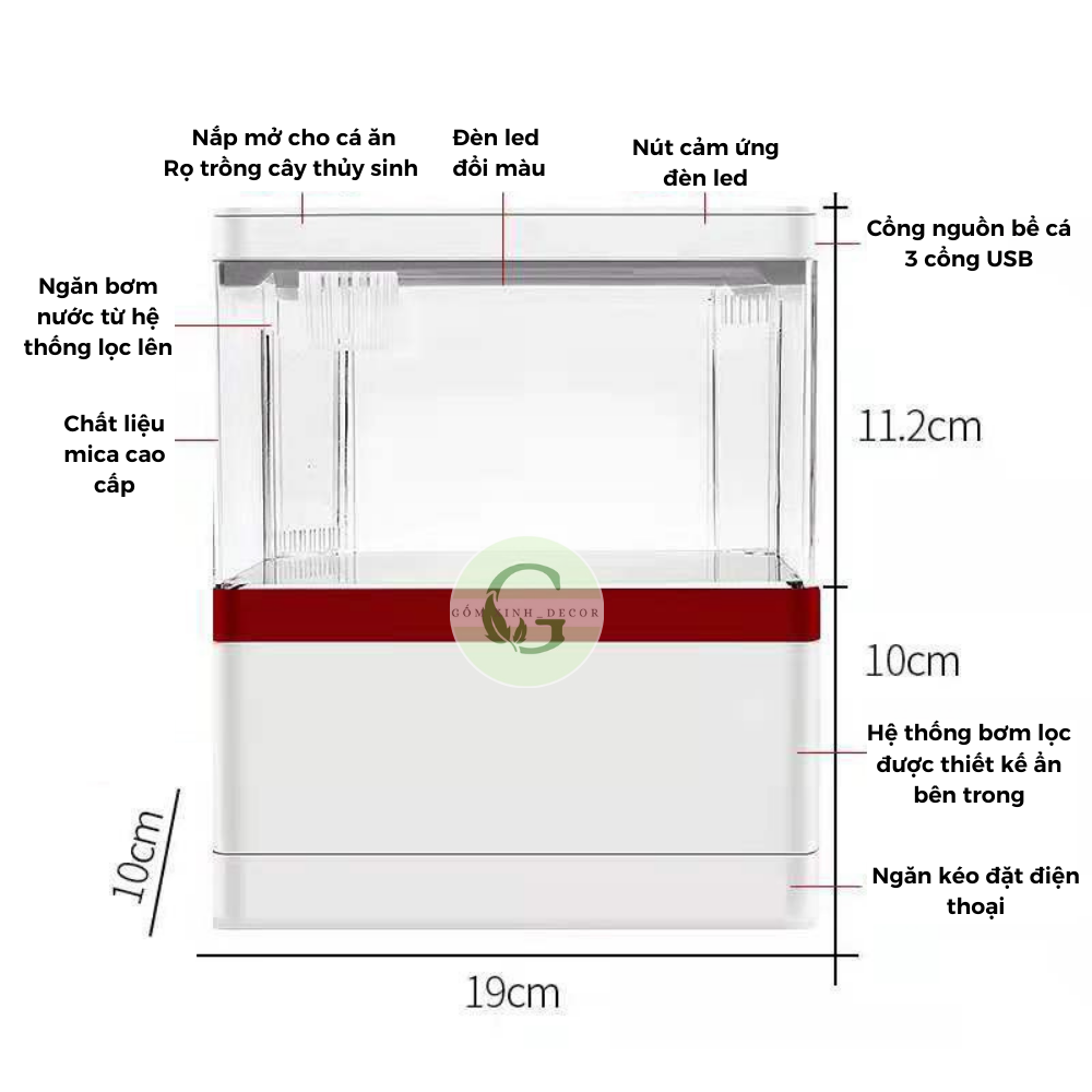 Bể Cá-[Bể cá+Đồng Hồ + Đèn Bàn + Sỏi, Cây Thủy Sinh]-Bể cá mini-Bể cá để bàn-hồ cá