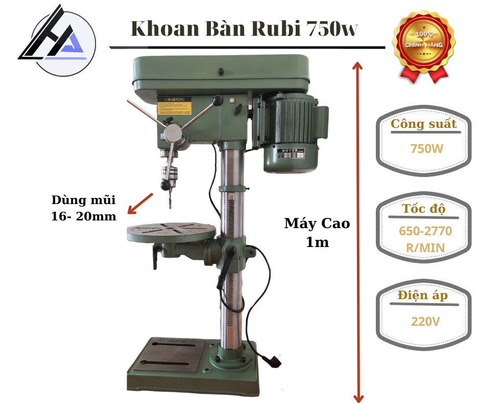 Máy khoan bàn ruby nội địa bm-16h - cao 1m kẹp đầu 16-20 - máy khỏe, chạy êm - khung bệ chắc chắn - bảo hành toàn quốc 12 tháng