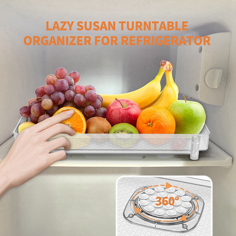 Fridge Turntable Organizer Tray with Suction Cup Transparent Refrigerator Storage Rack 360 Rotatable for Countertop 28x16.3cm
