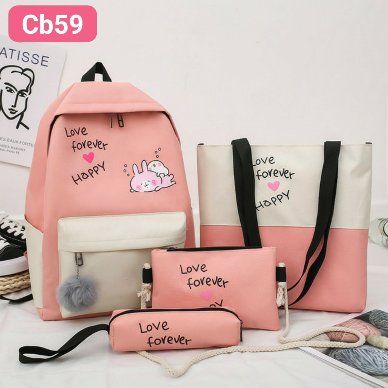combo balo 4 món hai chú thỏ dễ thương cb59
