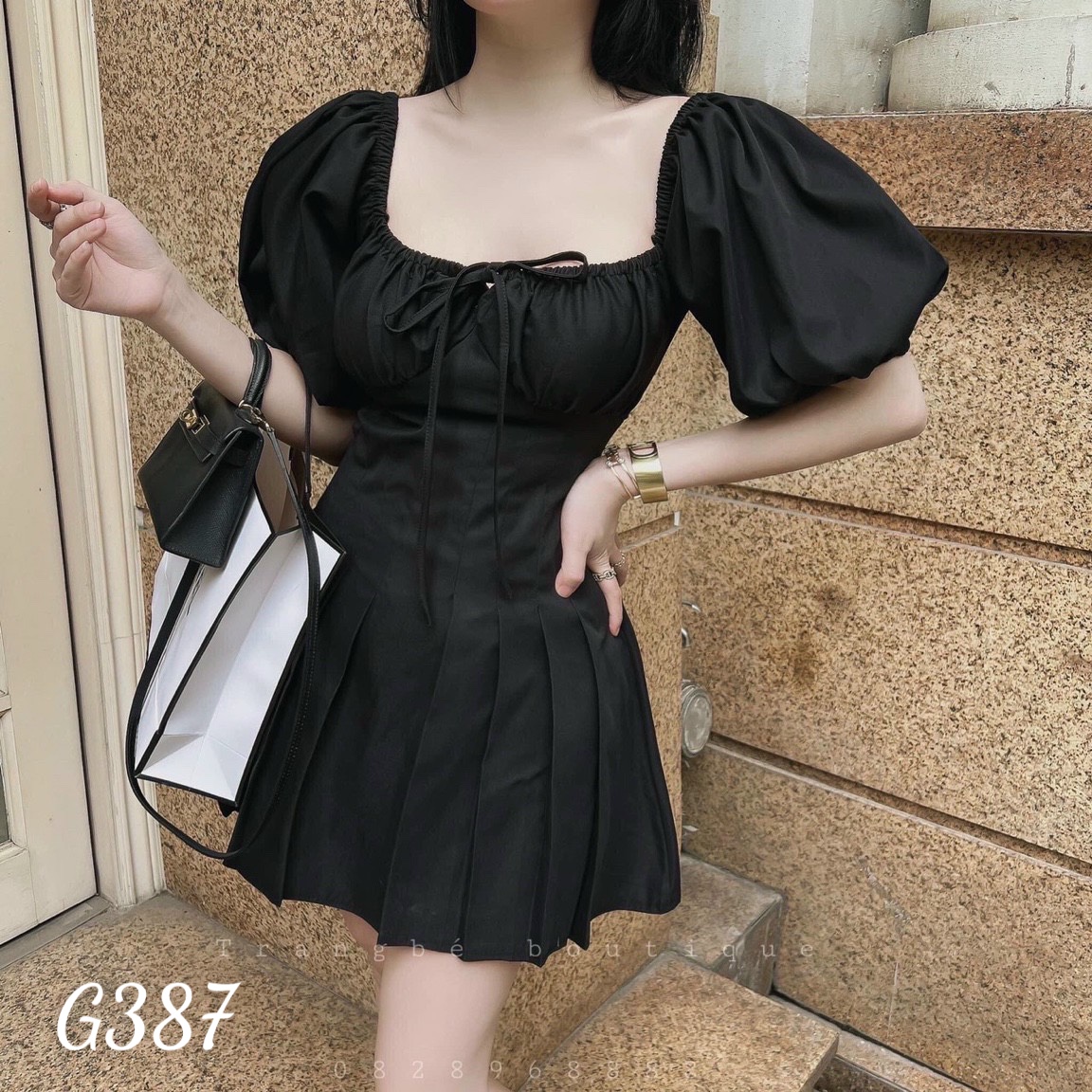 Đầm xoè nữ cổ vuông tay ngắn bồng xếp ly eo quyến rũ voan lụa G387