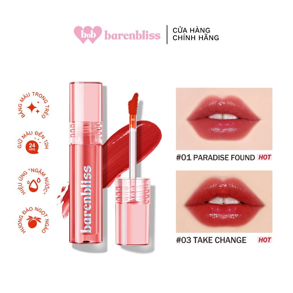 Set son tint Peach & son lì Cherry barenbliss (Son Tint Bóng Peach Căng Mọng Đôi Môi & Son Kem Lì Cherry Mịn Mượt)
