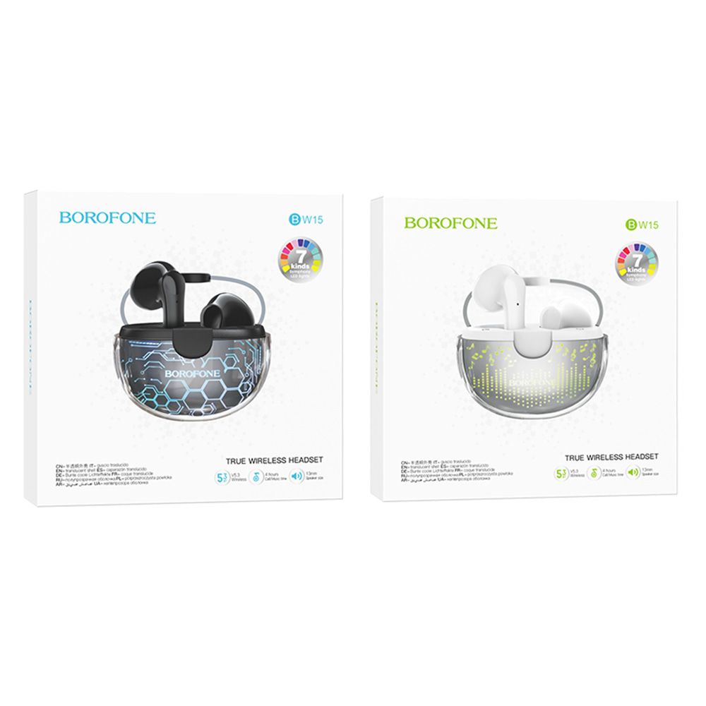 BOROFONE BW15 TWS Bluetooth Earphone True Wireless Headset Earbud Translucent Earphones Wireless Bluetooth 5.3 Touch Control Earbuds Built-In Microphone Sports Headset In-Ear Earphones For All ios /Android Mobile Phone