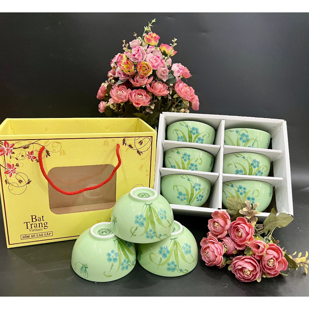 Set bát cơm bát tràng cao cấp hàng loại i - bộ bát ăn cơm men ngọc vẽ tay chuồn chuồn hoa xanh