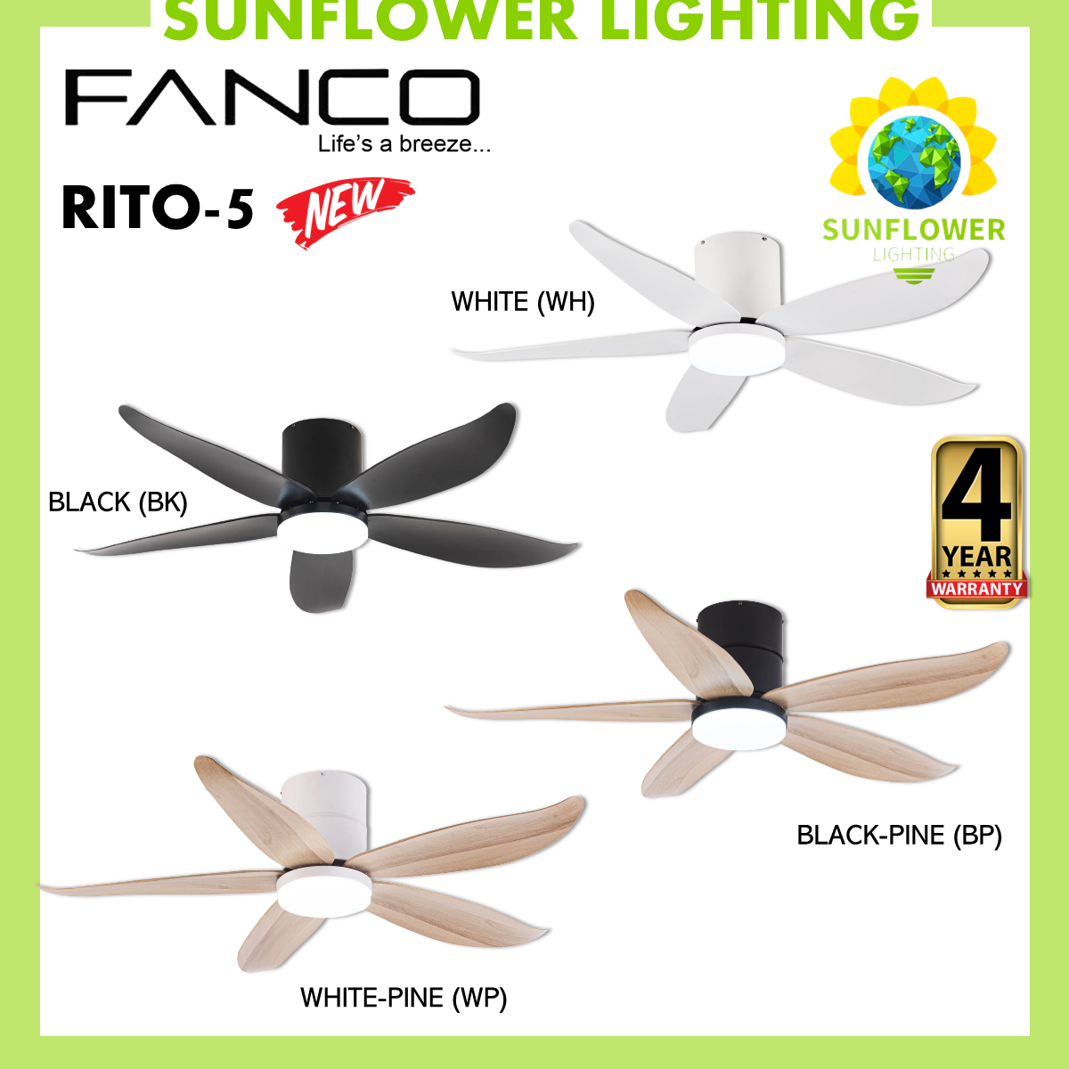FANCO RITO 5 48" 54" DC Motor Hugger Ceiling Fan with 24W LED Light