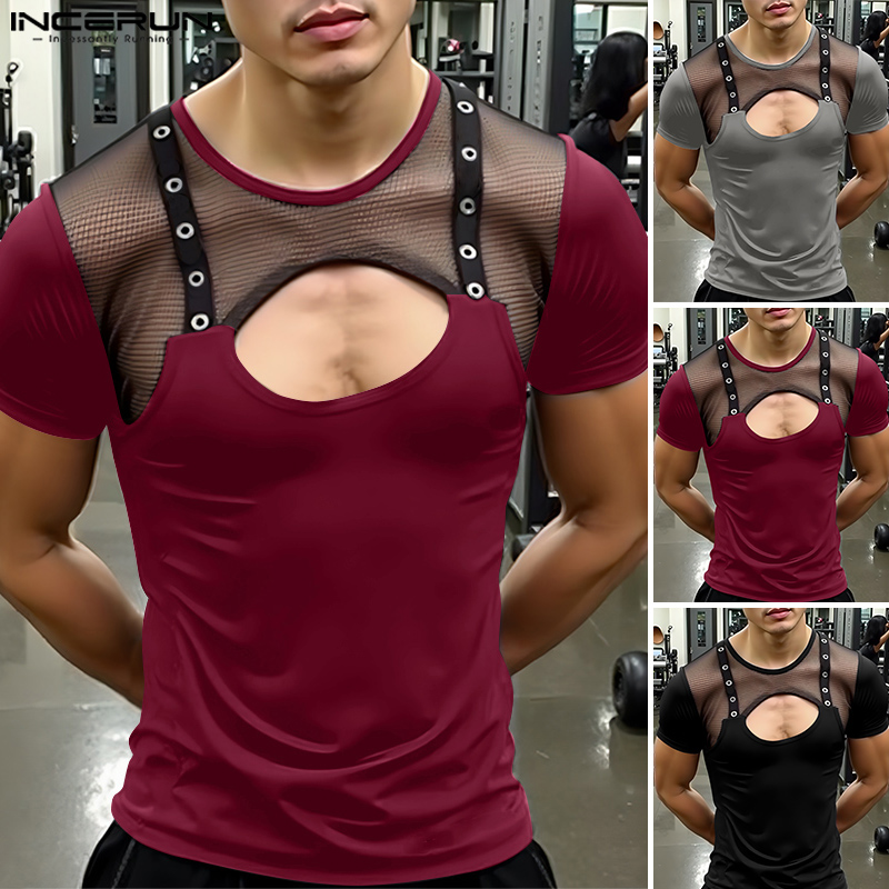 INCERUN Korean Style Men Ribbon Splicing Mesh Hollow Out Design Blouses ...