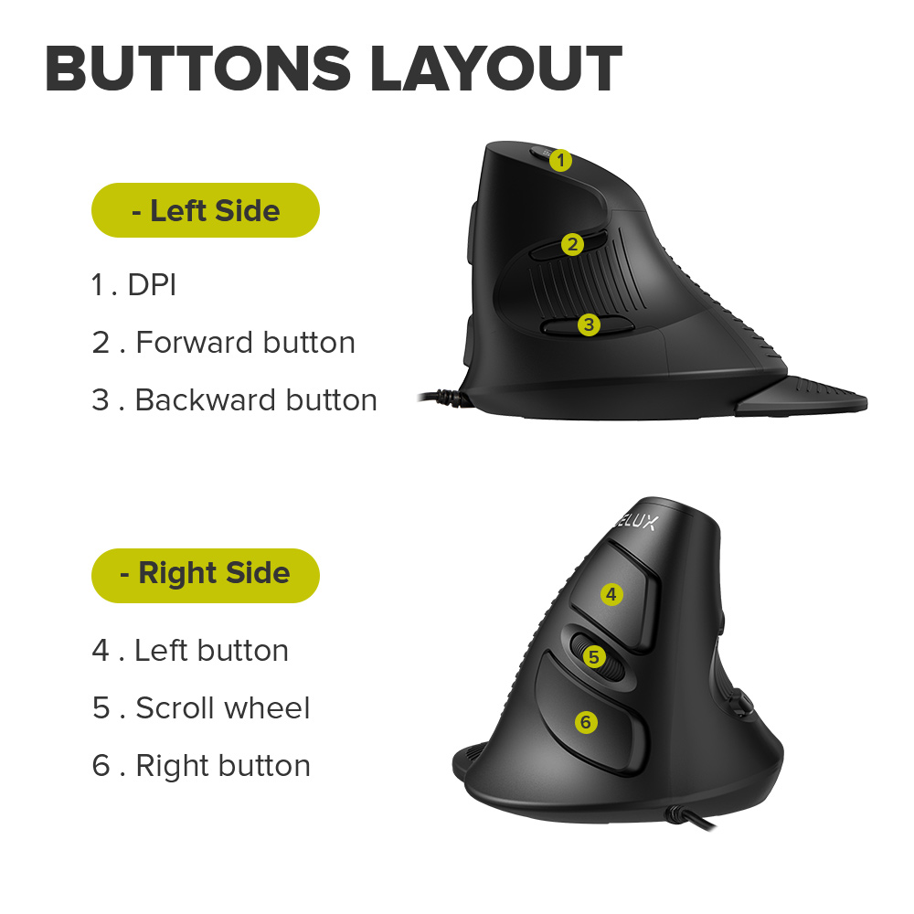 Delux M618 BU Ergonomic Vertical Mouse 6 Buttons 800 1200 1600 DPI Optical Right Hand Mice with Wrist mat For PC Laptop. 