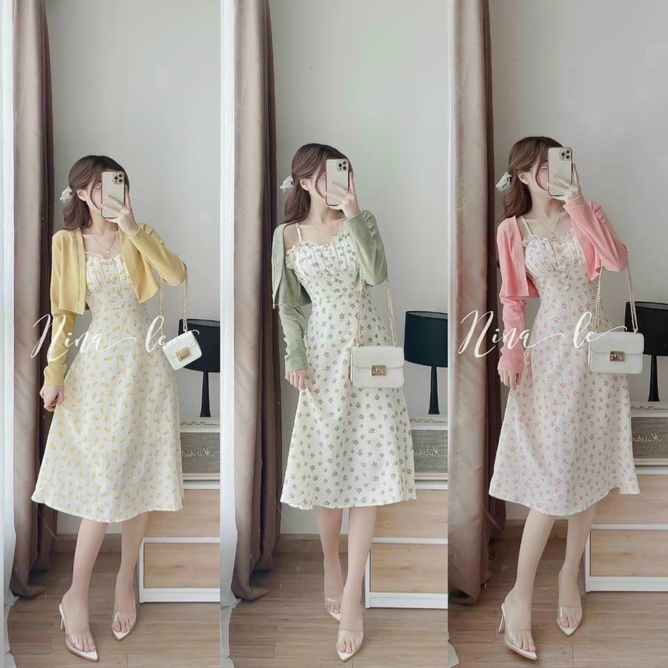Set váy hoa 2 dây bèo ngực phối kèm áo khoác len mỏng dài tay cực kì tiểu thư