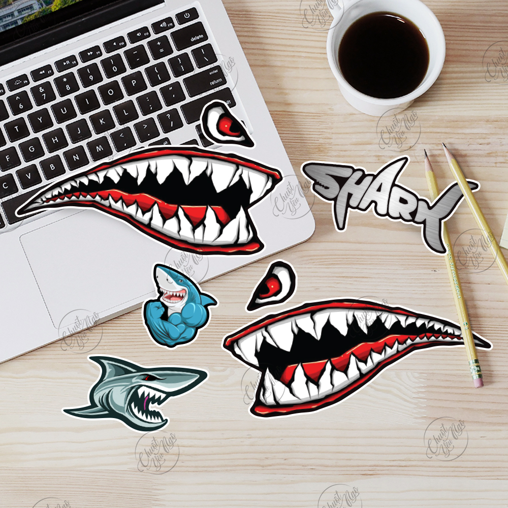 Shark teeth decal waterproof decal set laptop suitcase fridge decor... Material is waterproof