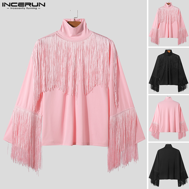 INCERUN Mens Long Sleeve High Neck Personality Party Plain Pullover Tassel Patchwork T-Shirts (Western Style)
