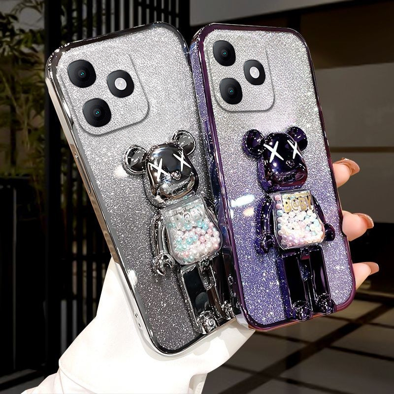 New Phone case itel A90 Back cover with Cartoon 3D Bear Stand Luxury Slim Gradient Plating Glitter Girls Stylish For itel A90 case.