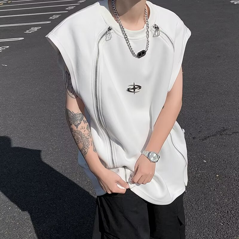 Men's tank top zipper design sleeveless short sleeve American hip hop athleisure vest